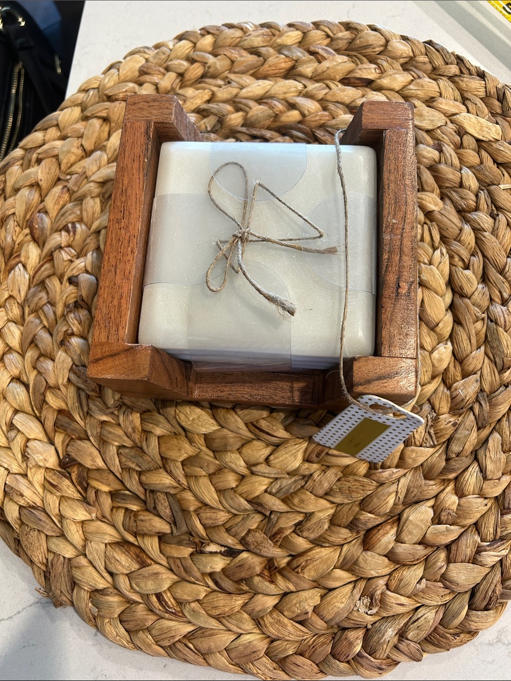 Source Unknown White Marble Coaster Set with Wooden Holder